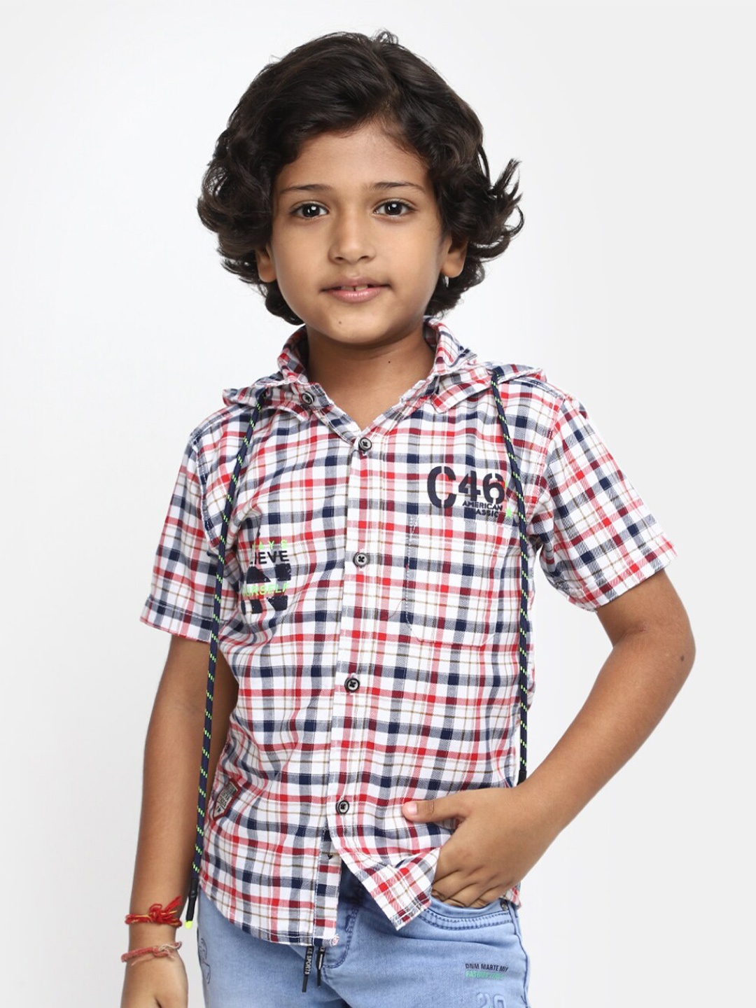 

V-Mart Boys Tartan Checked Hooded Collar Cotton Casual Shirt, White