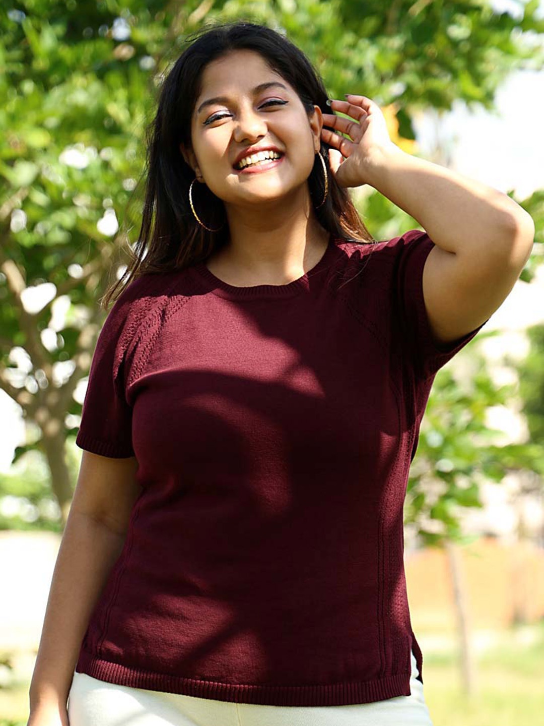 

Blissclub X At Ease Raglan Sleeves Free Flyknit Pure Cotton Top, Burgundy