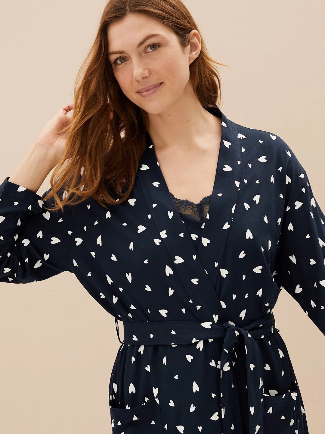 

Marks & Spencer Printed Cotton Knee-Length Wrap Robe, Navy blue