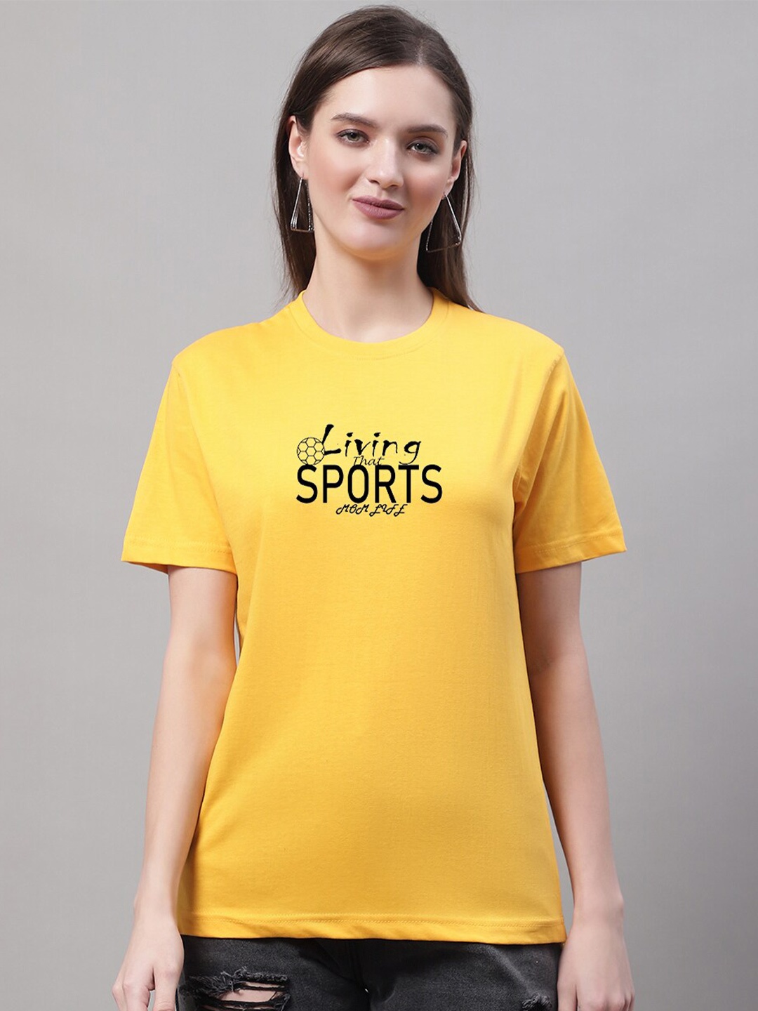 

borse lele Typography Printed Round Neck Pure Cotton T-shirt, Yellow
