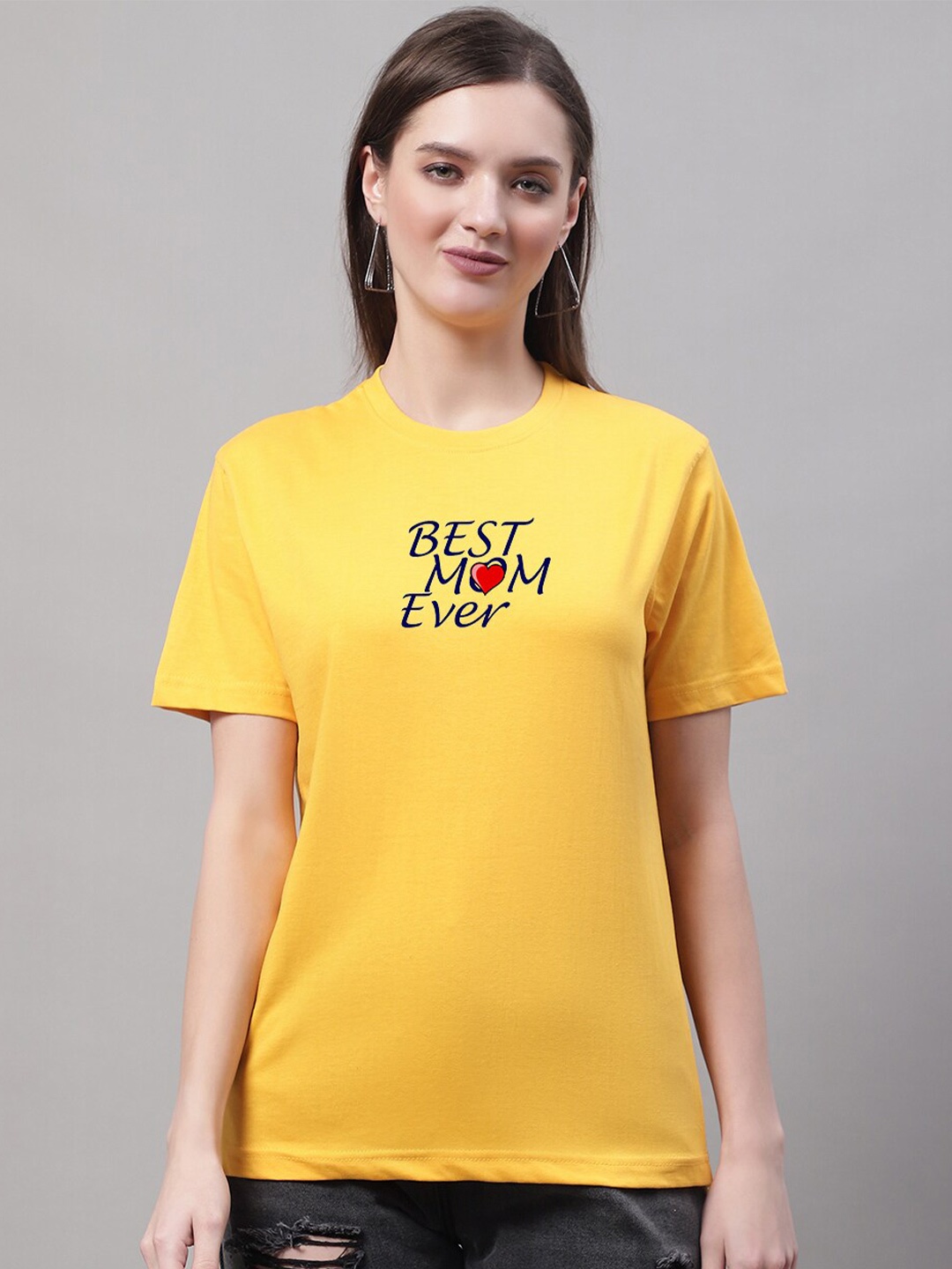 

borse lele Typography Printed Round Neck Cotton T-shirt, Yellow