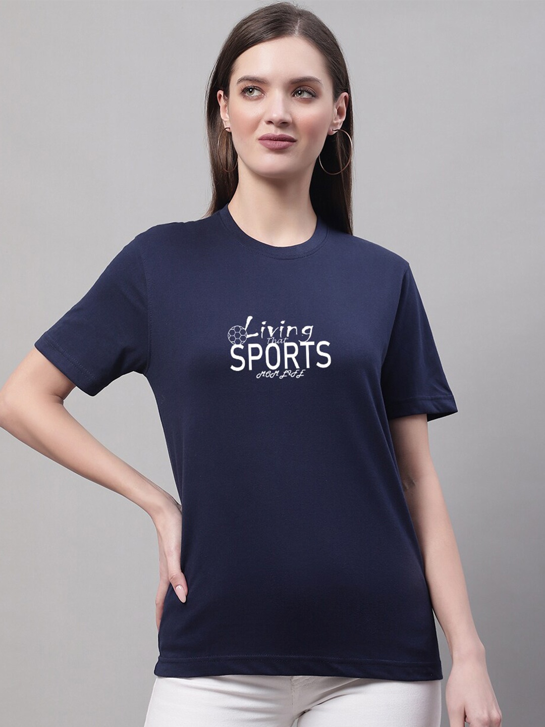 

borse lele Typography Printed Round Neck Pure Cotton T-shirt, Navy blue