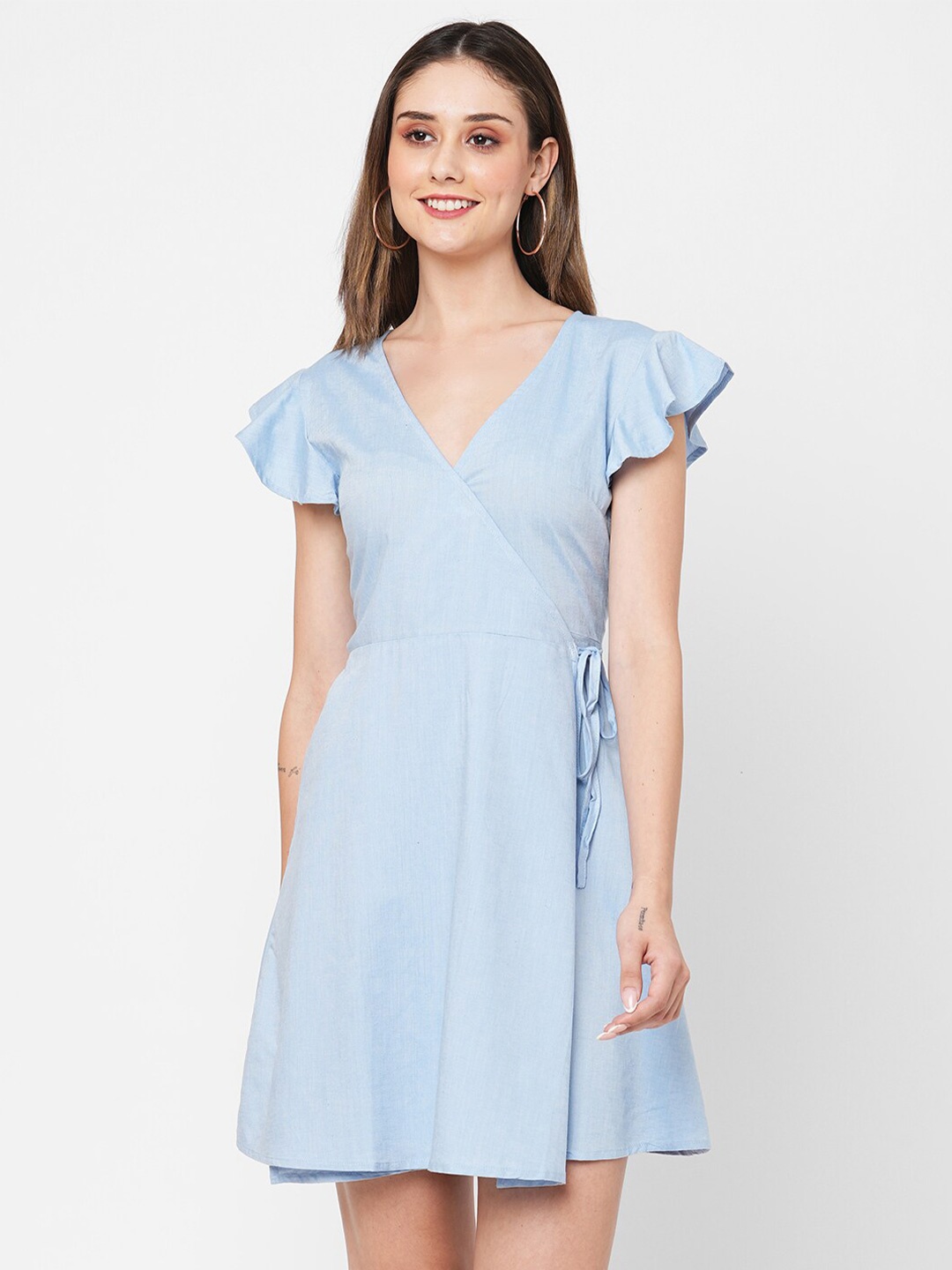 

VASTRADO V-Neck Flutter Sleeves Tie-Ups Cotton A-Line Mini Dress, Blue