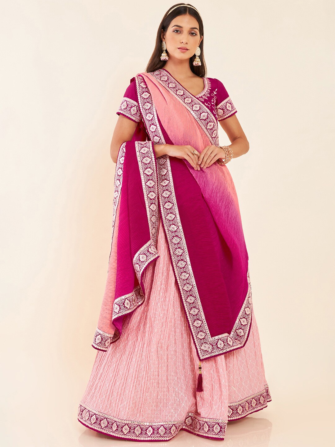 

Soch Embroidered Sequinned Semi-Stitched Lehenga & Unstitched Blouse With Dupatta, Coral