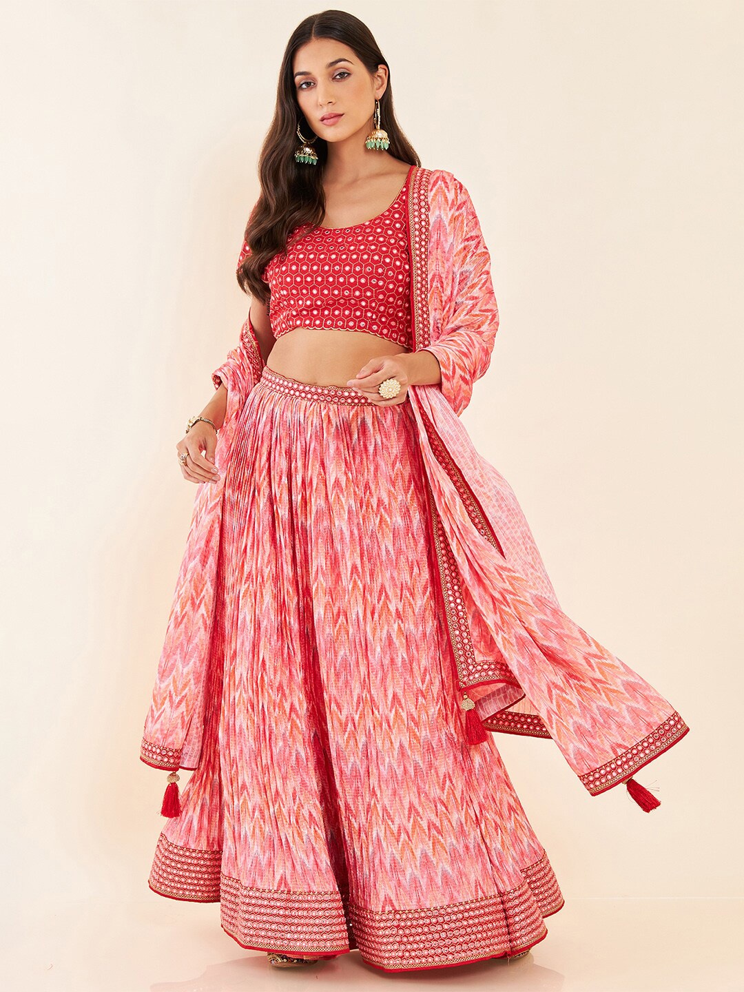 

Soch Pink Embroidered Sequinned Semi-Stitched Lehenga & Unstitched Blouse With Dupatta