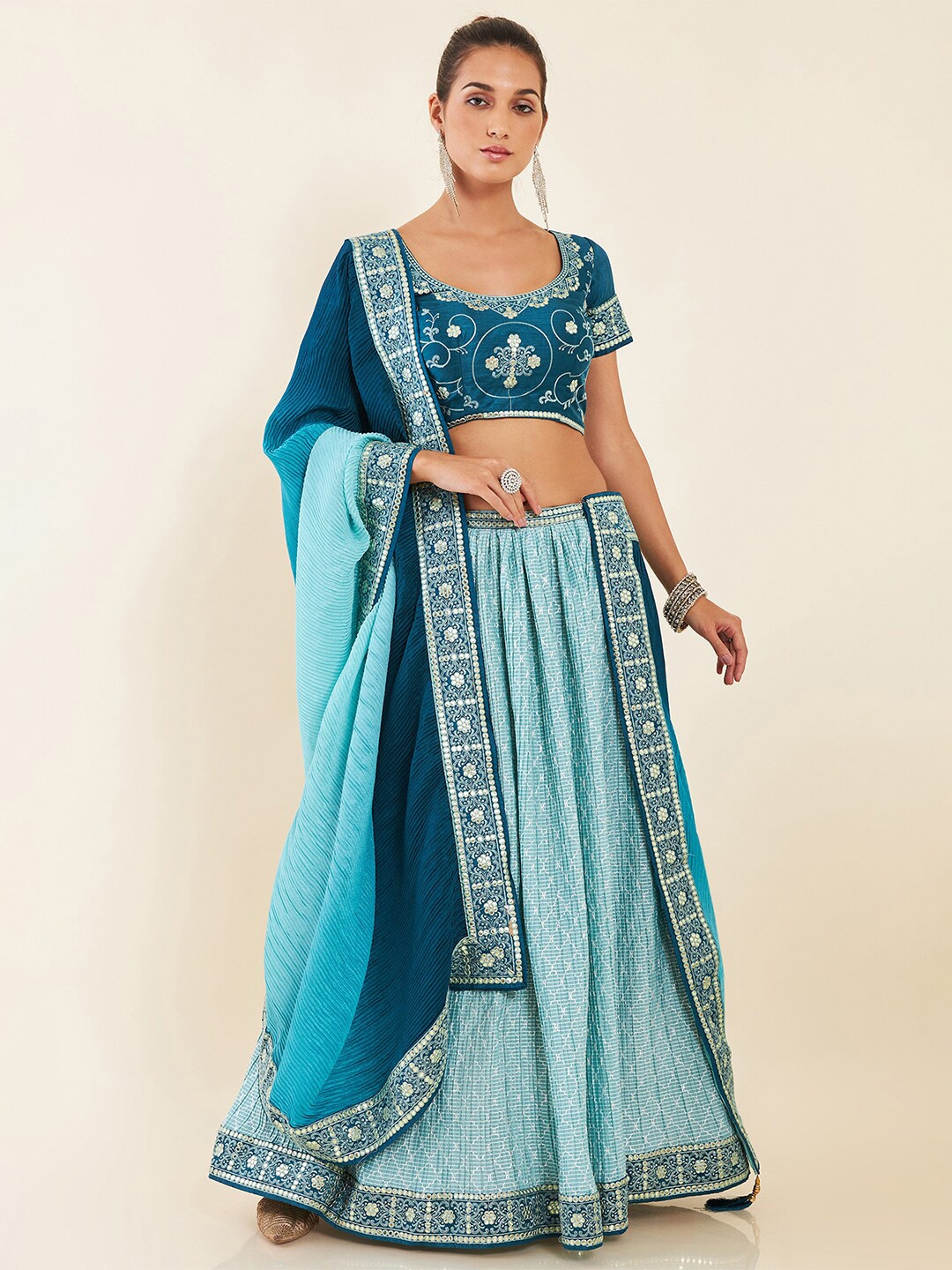 

Soch Embroidered Sequinned Semi-Stitched Lehenga & Unstitched Blouse With Dupatta, Turquoise blue