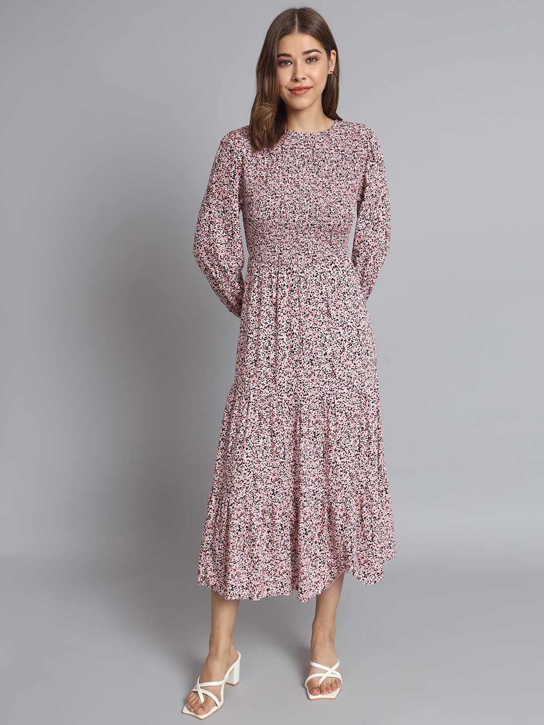 

NoBarr Floral Printed Puff Sleeve Cotton A-Line Midi Dress, Pink