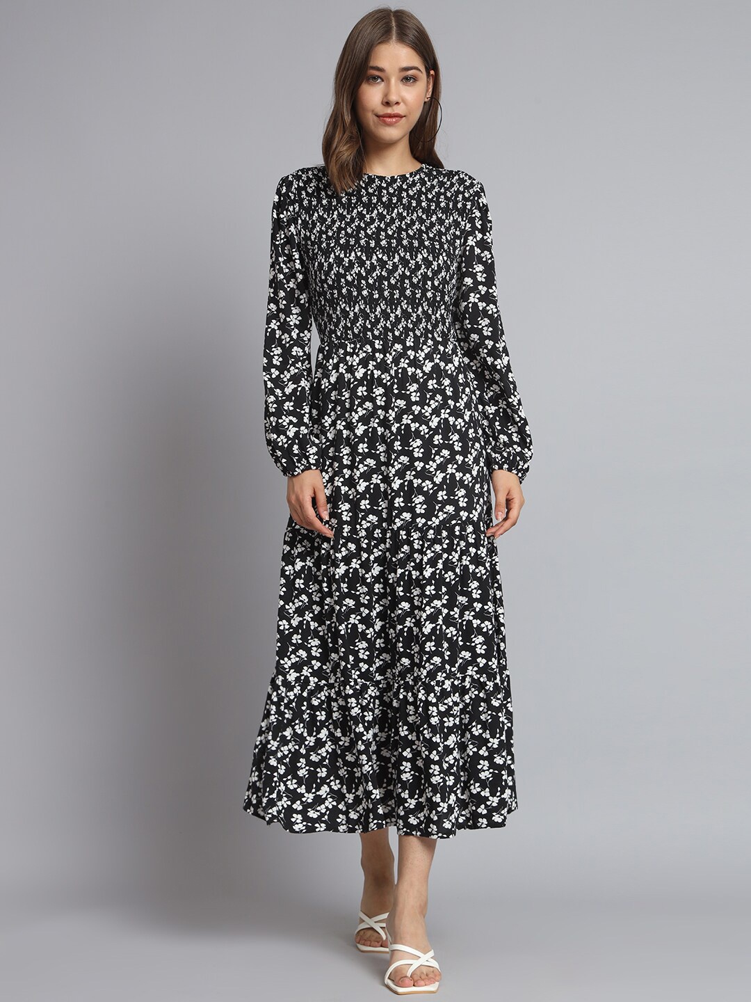 

NoBarr Floral Printed Puff Sleeves Smocked Fit & Flare Midi Dress, Black