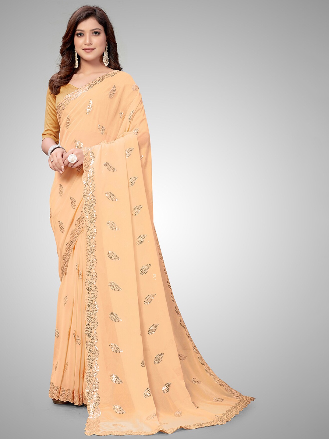 

KALINI Embellished Sequinned Saree, Orange