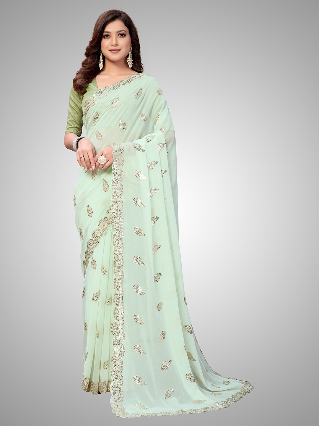 

KALINI Embellished Sequinned Pure Georgette Saree, Green