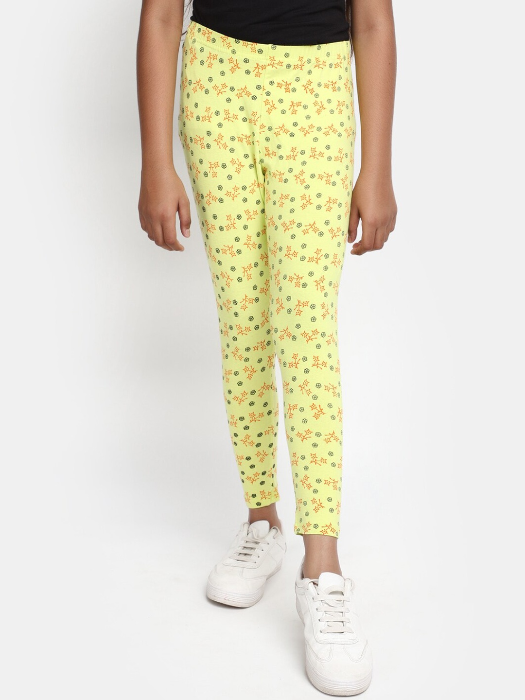 

V-Mart Girls Floral Printed Ankle Length Cotton Lycra Legging, Yellow