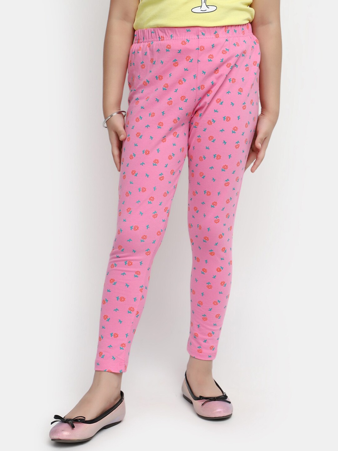 

V-Mart Girls Floral Printed Ankle Length Cotton Lycra Legging, Pink