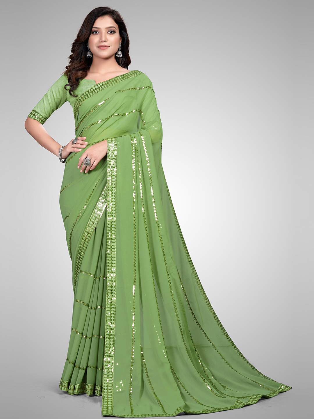 

KALINI Embellished Pure Georgette Saree, Green