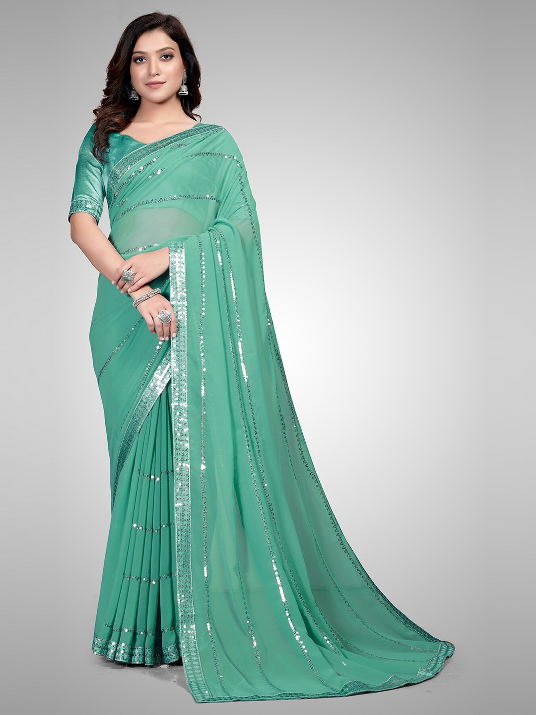 

KALINI Embellished Sequinned Pure Georgette Saree, Teal