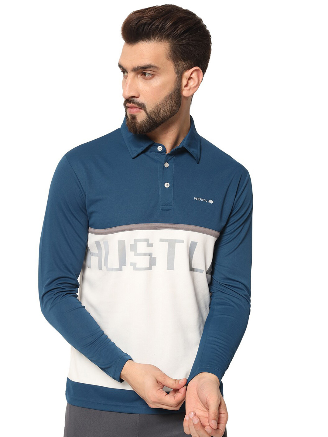 

PERFKT-U Colourblocked Polo Collar T-shirt, Blue