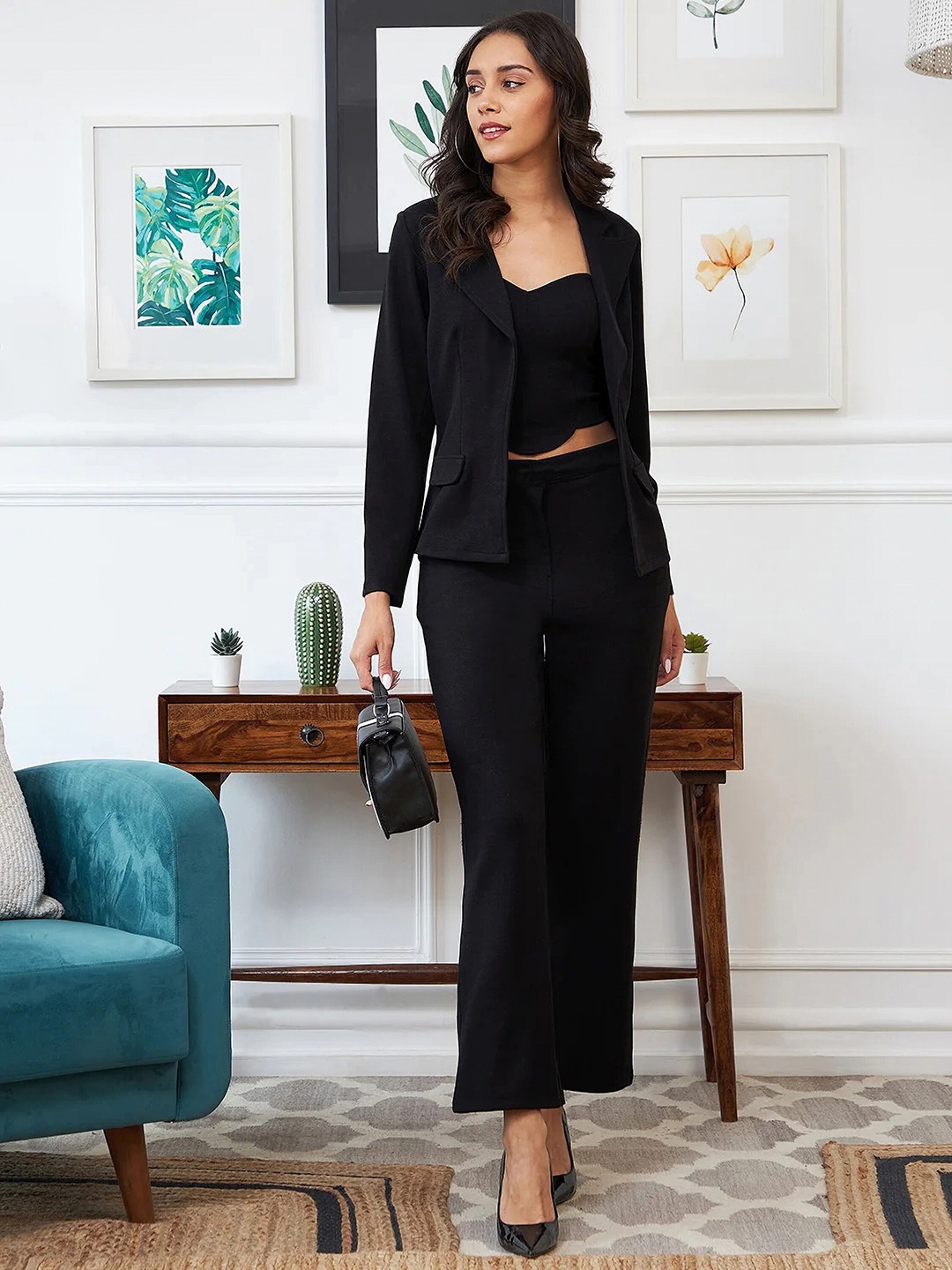 

Ekta Textiles Crop Top With Trouser & Jacket, Black