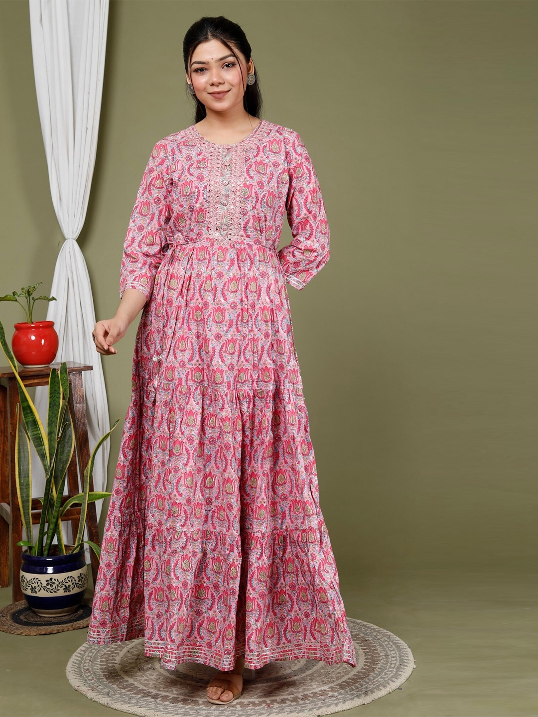 

Swasti Floral Printed Round Neck Embellished Pure Cotton Fit & Flare Maxi Ethnic Dress, Pink