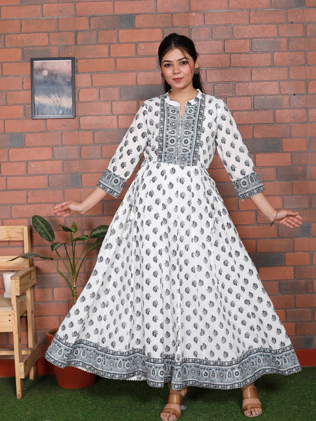 

Swasti Ethnic Motifs Printed Cotton Maxi Dress, White