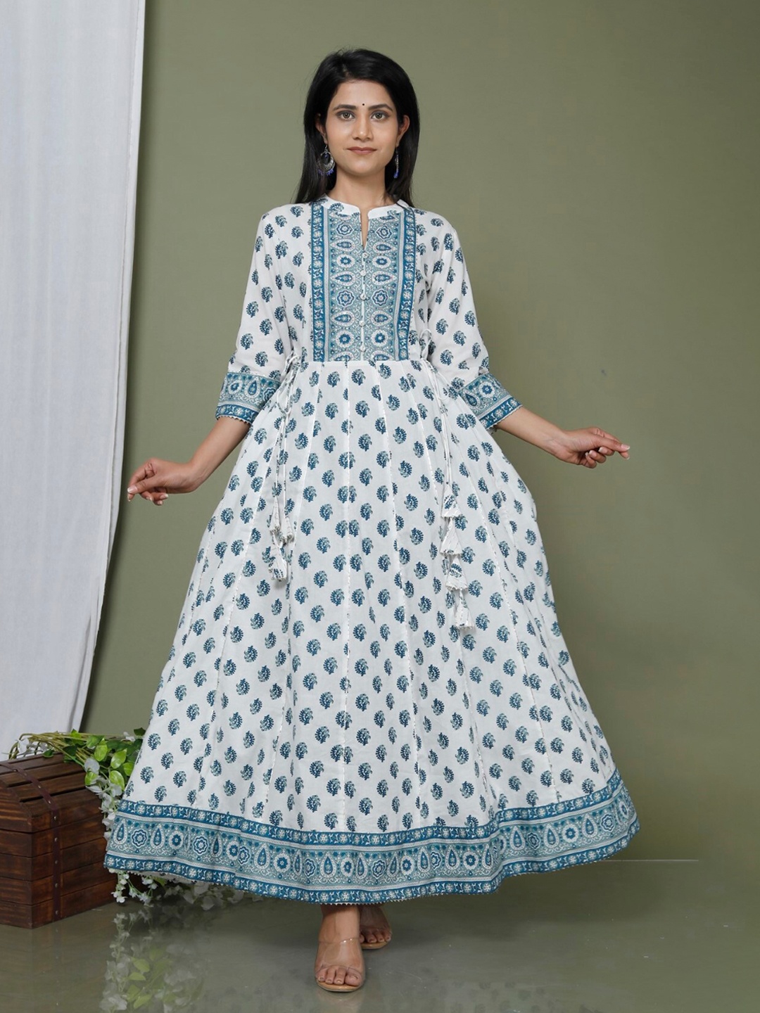 

Swasti Blue Ethnic Motifs Printed Mandarin Collar A-Line Dress
