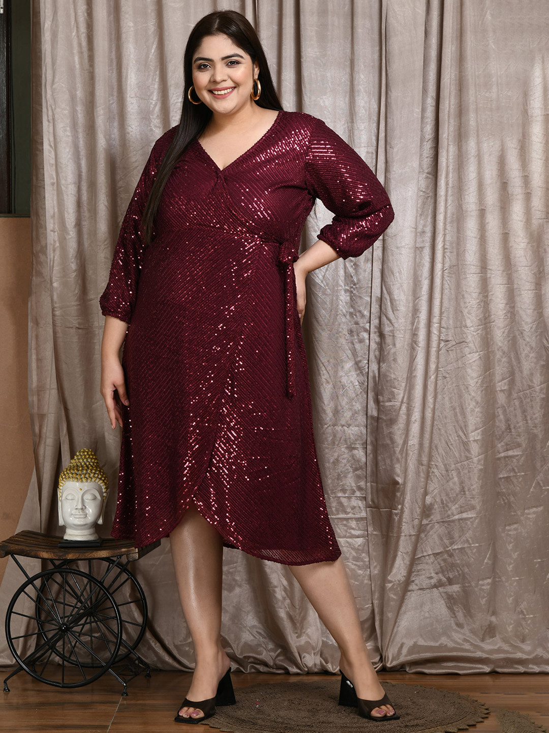 

PrettyPlus by Desinoor com Plus Size Embellished Warp Midi Dress, Maroon