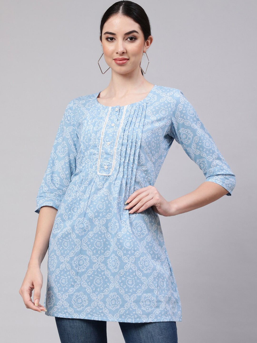 

Nayo Printed Three Quarter Sleeves Cotton Straight Tunic, Blue
