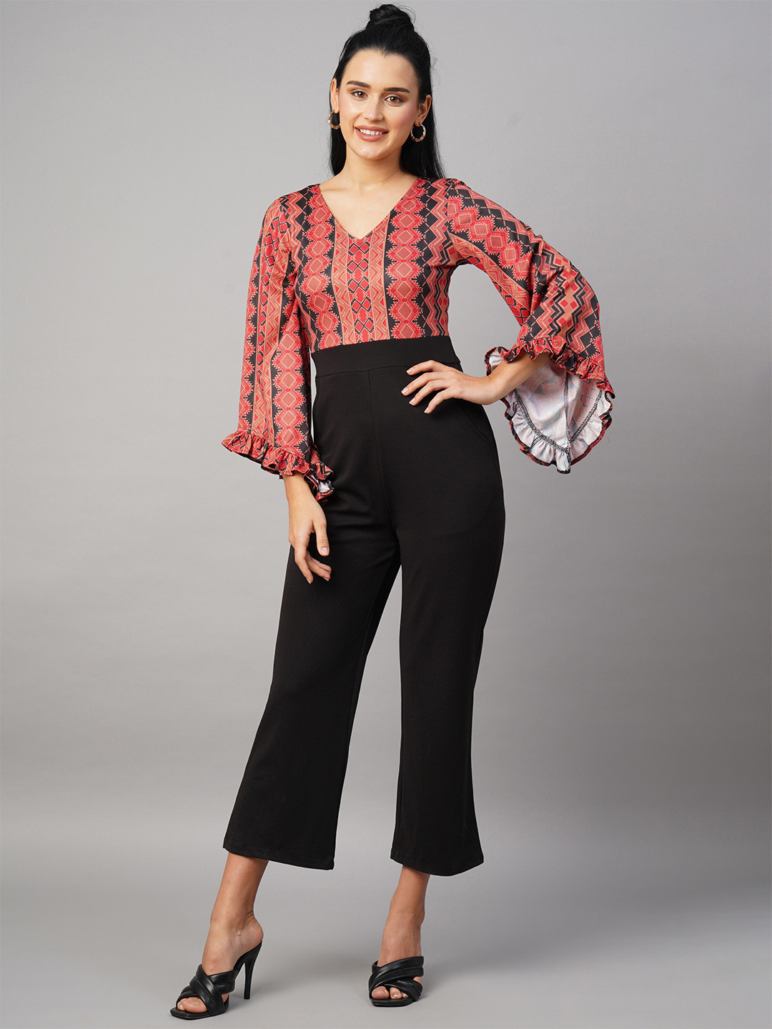

Ekta Textiles Printed V-Neck Flared Sleeve Cotton Basic Jumpsuit, Coral