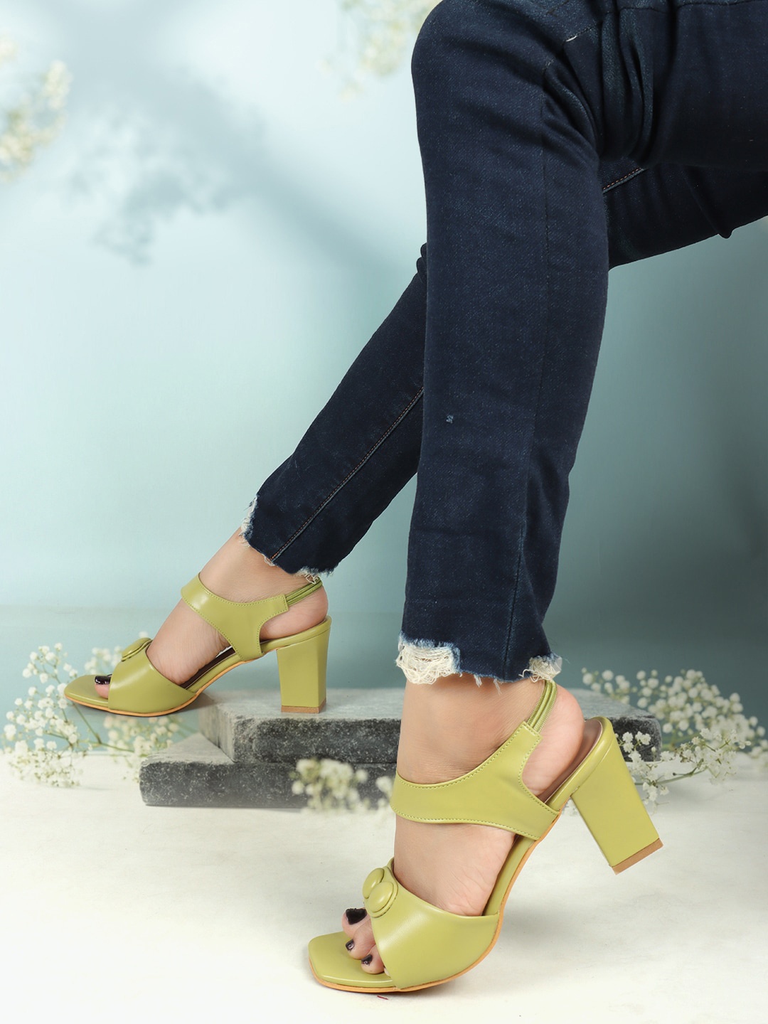 

ICONICS Studded Open Toe Block Heels, Green