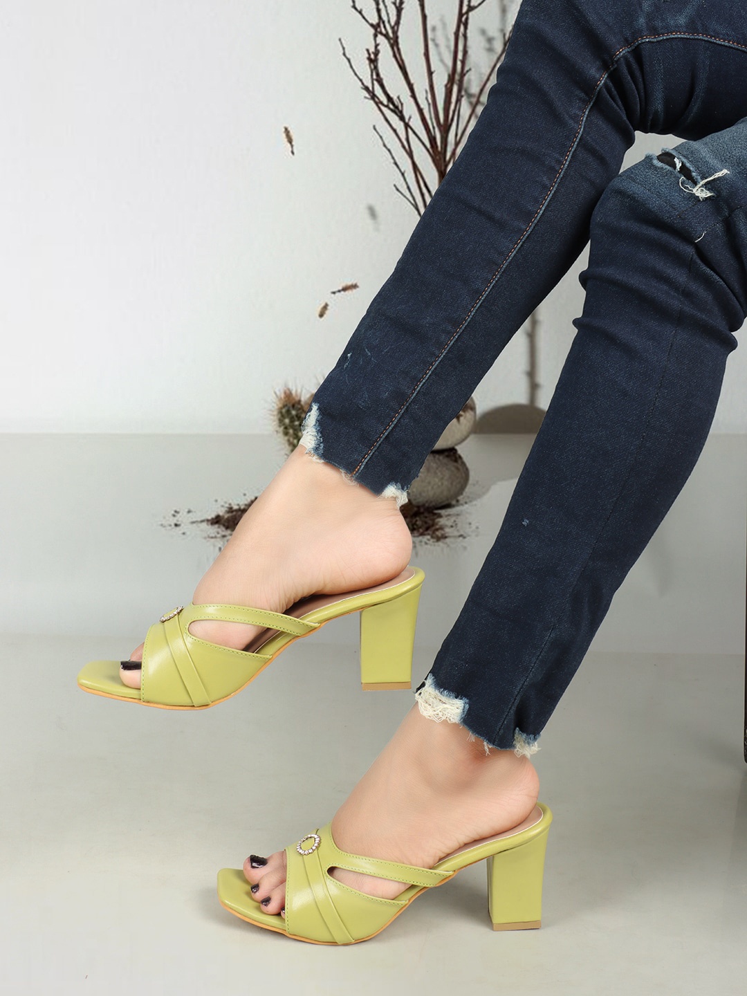 

ICONICS Embellished Open Toe Block Heels, Green
