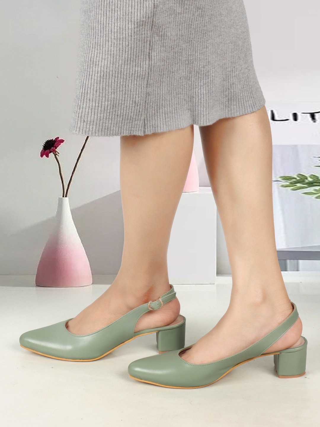 

ICONICS Pointed Toe Block Heel Pumps, Olive