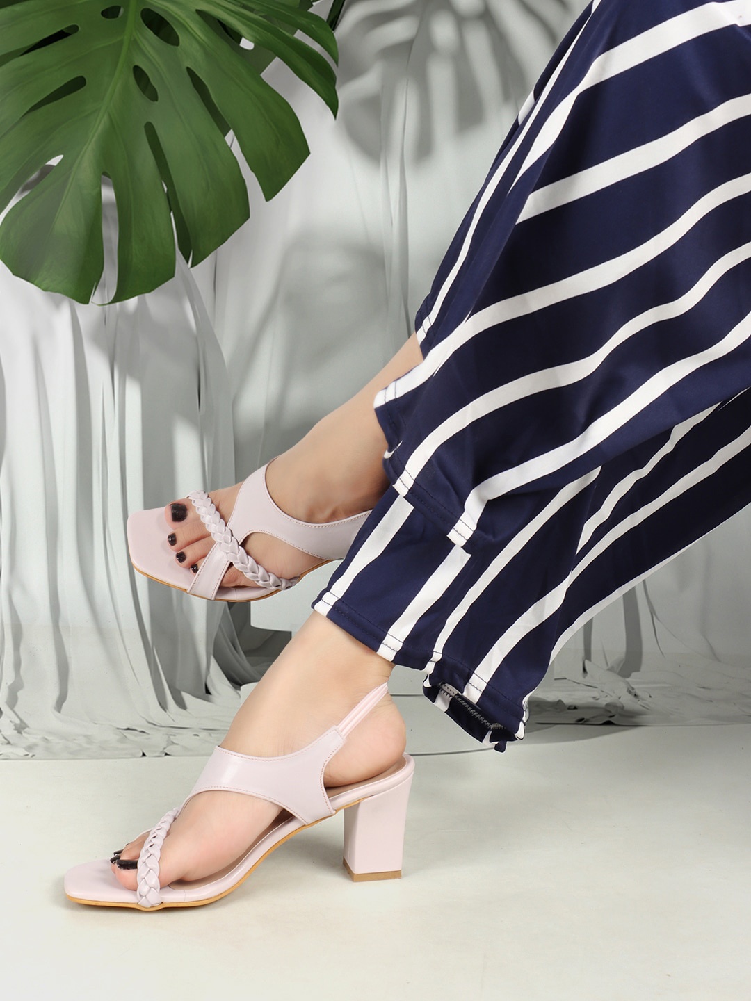 

ICONICS Braided Party Block Heels With Backstrap, Beige