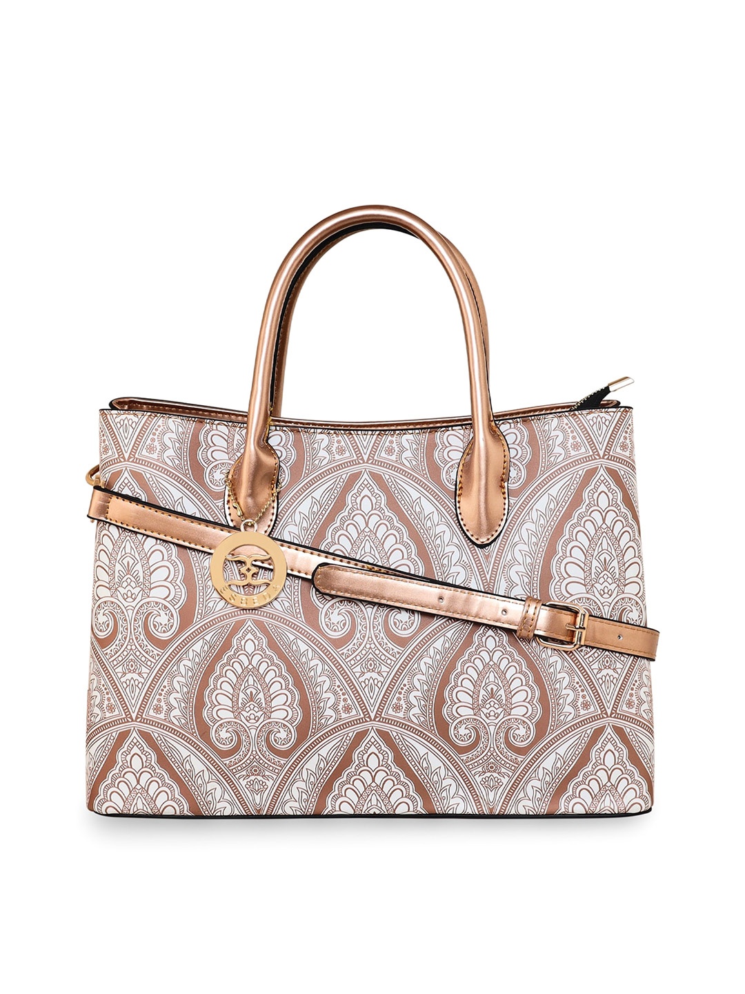 

ESBEDA Ethnic Motifs Printed Structured Handheld Bag, Rose gold