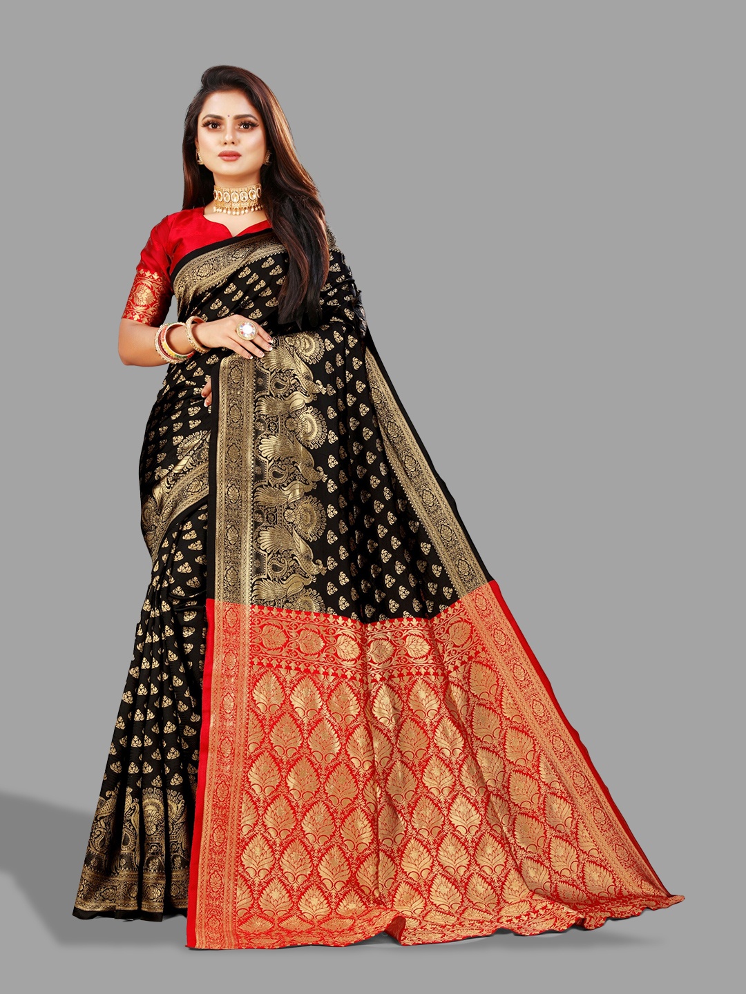 

eshami Ethnic Motifs Woven Design Zari Banarasi Saree, Black