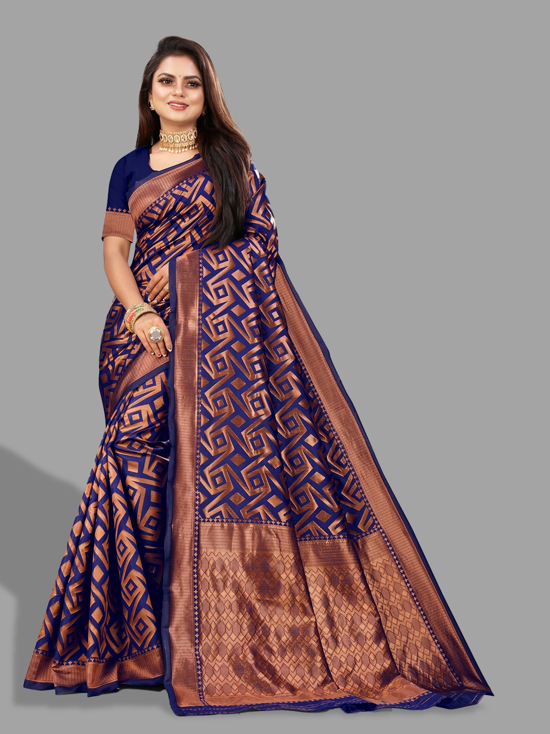 

eshami Geometric Woven Design Zari Banarasi Saree, Navy blue
