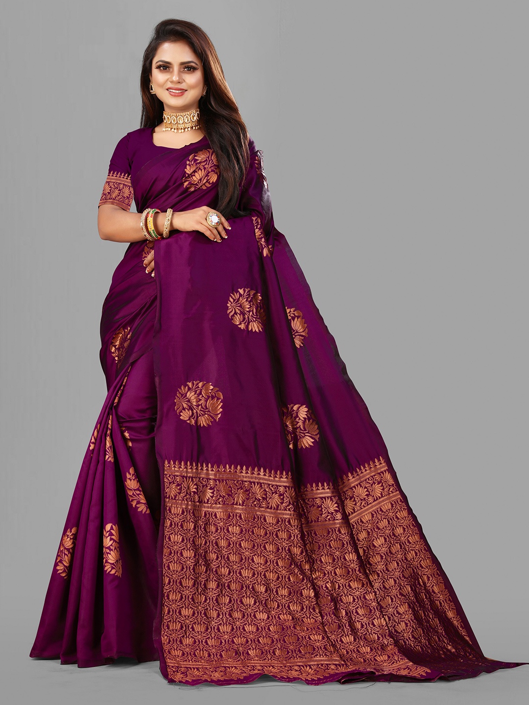 

eshami Floral Woven Design Zari Banarasi Saree, Purple