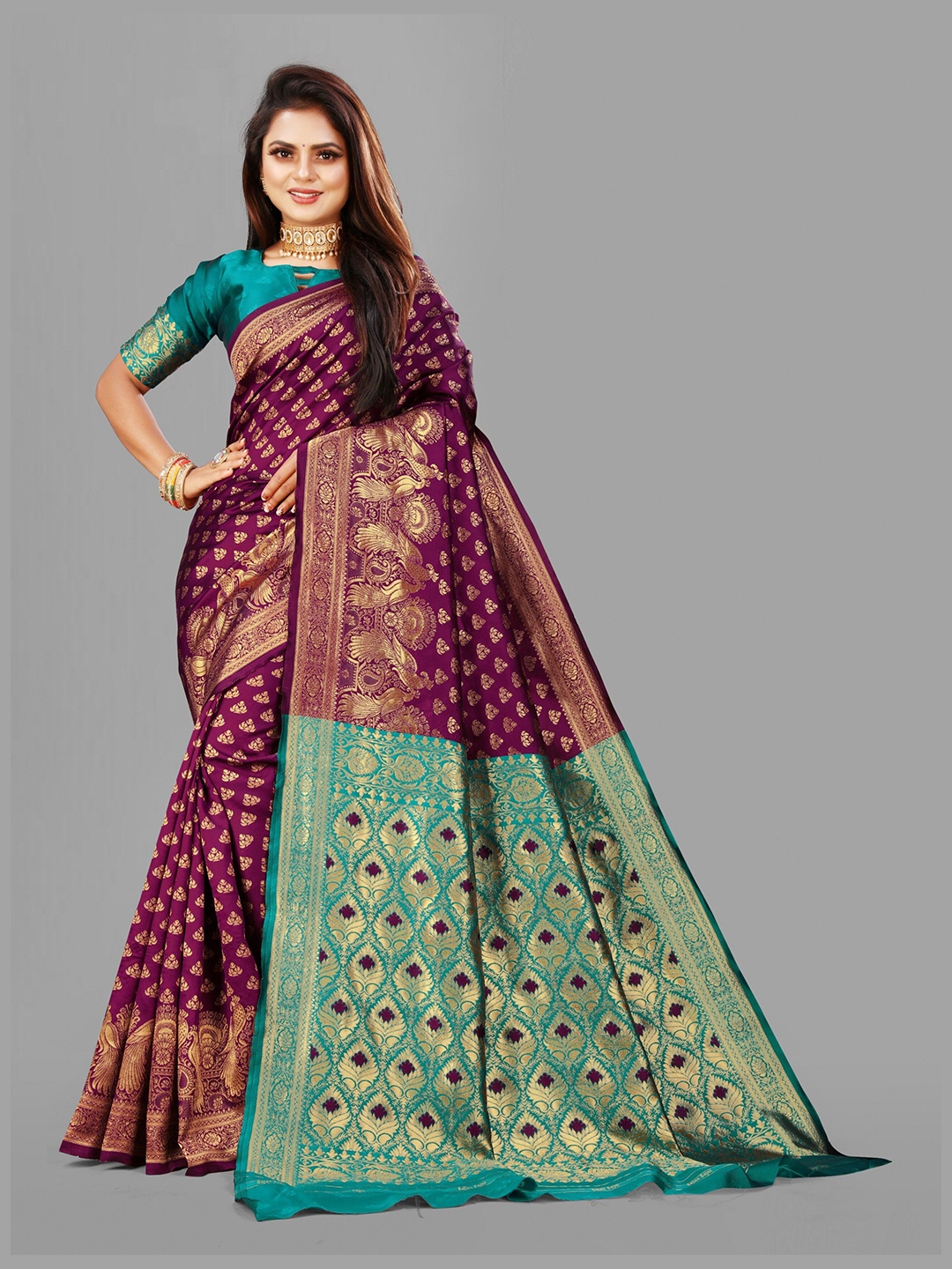 

eshami Ethnic Motifs Woven Design Zari Banarasi Saree, Purple