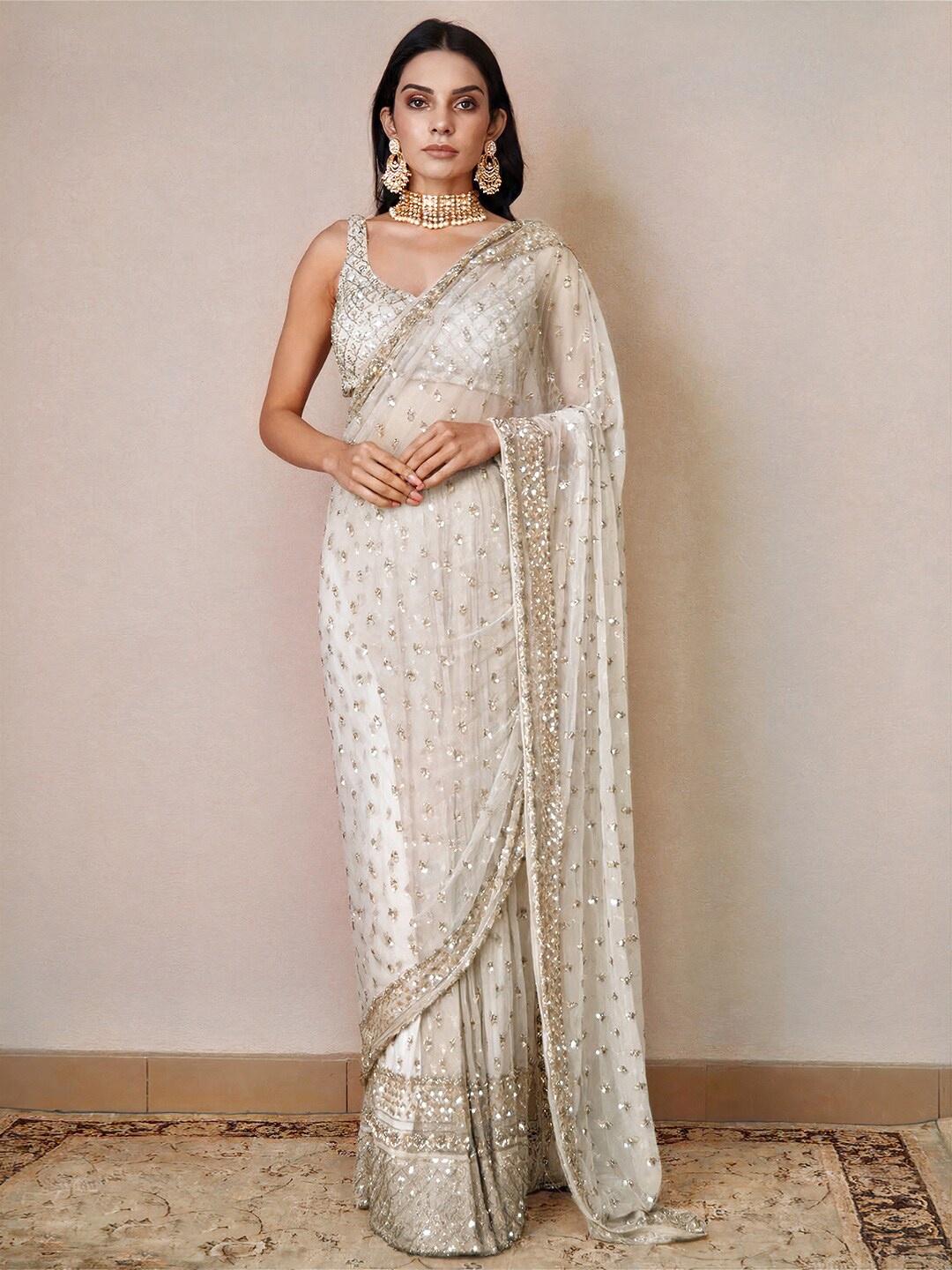 

Angroop Embellished Sequinned Net Saree, Off white