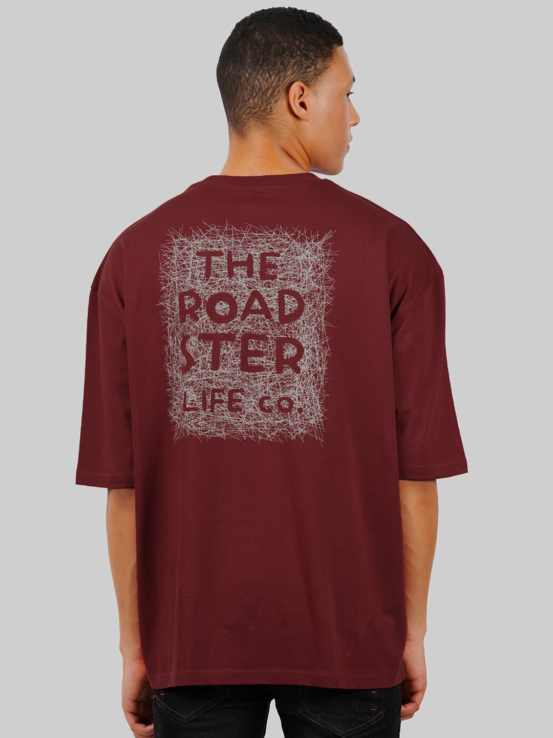 Roadster Red Oversized Typography Printed Round Neck Drop Shoulder Sleeves Cotton T-shirt