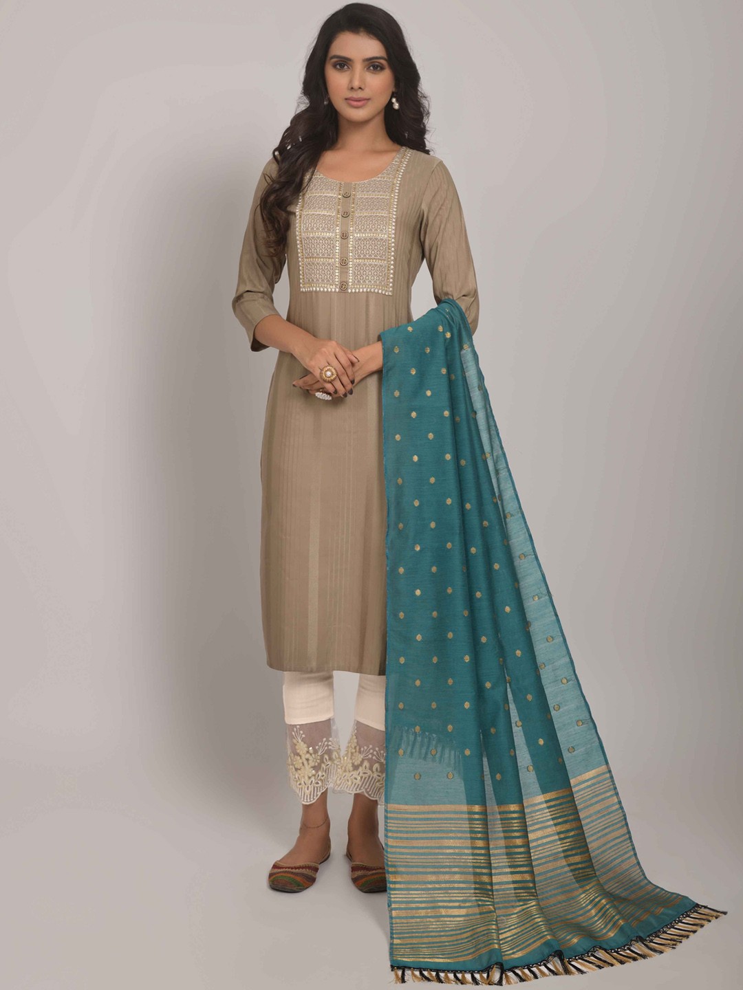 

Happy Design Ethnic Motifs Yoke Design Thread Work Sequined Kurta with Trousers & Dupatta, Brown