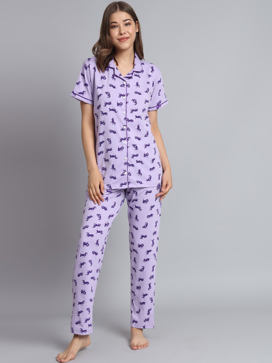 

SEPHANI Conversational Printed Lapel Collar Night suit, Purple