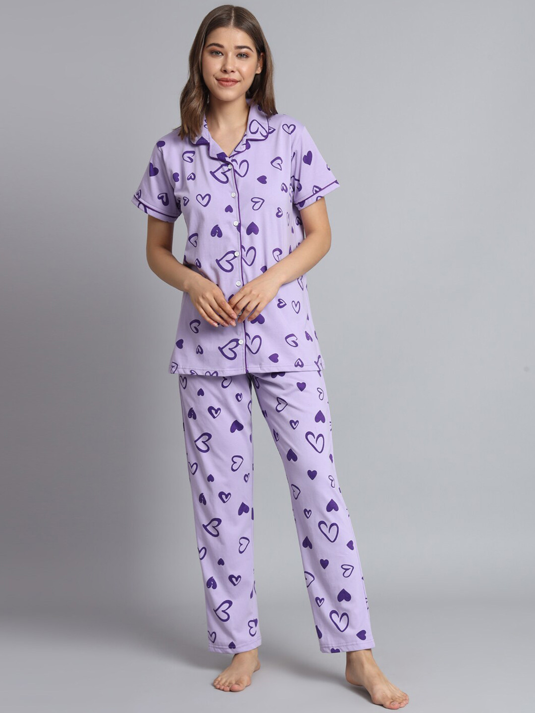 

SEPHANI Conversational Printed Lapel Collar Night suit, Purple