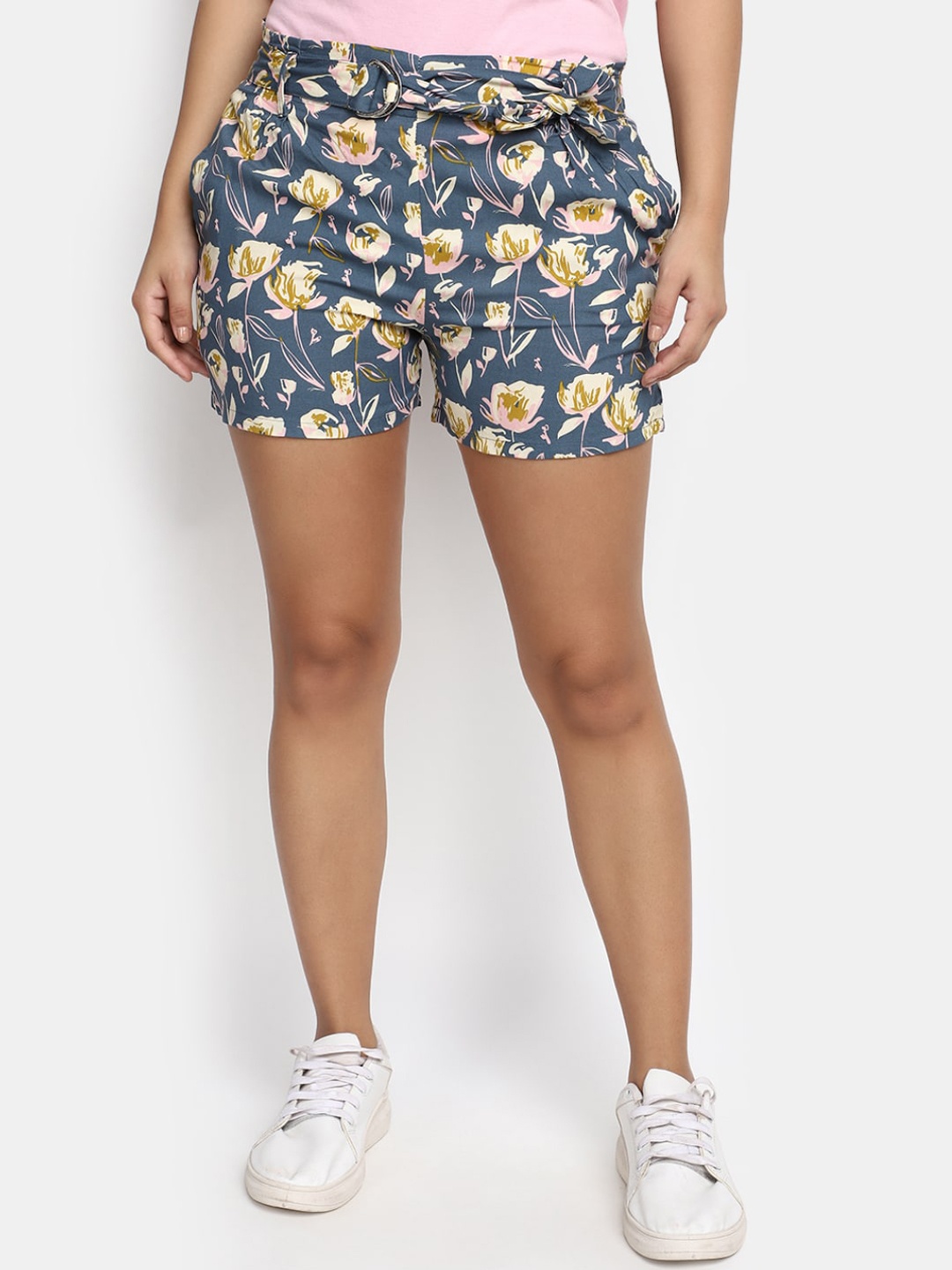 

V-Mart Women Mid-Rise Floral Printed Shorts, Blue