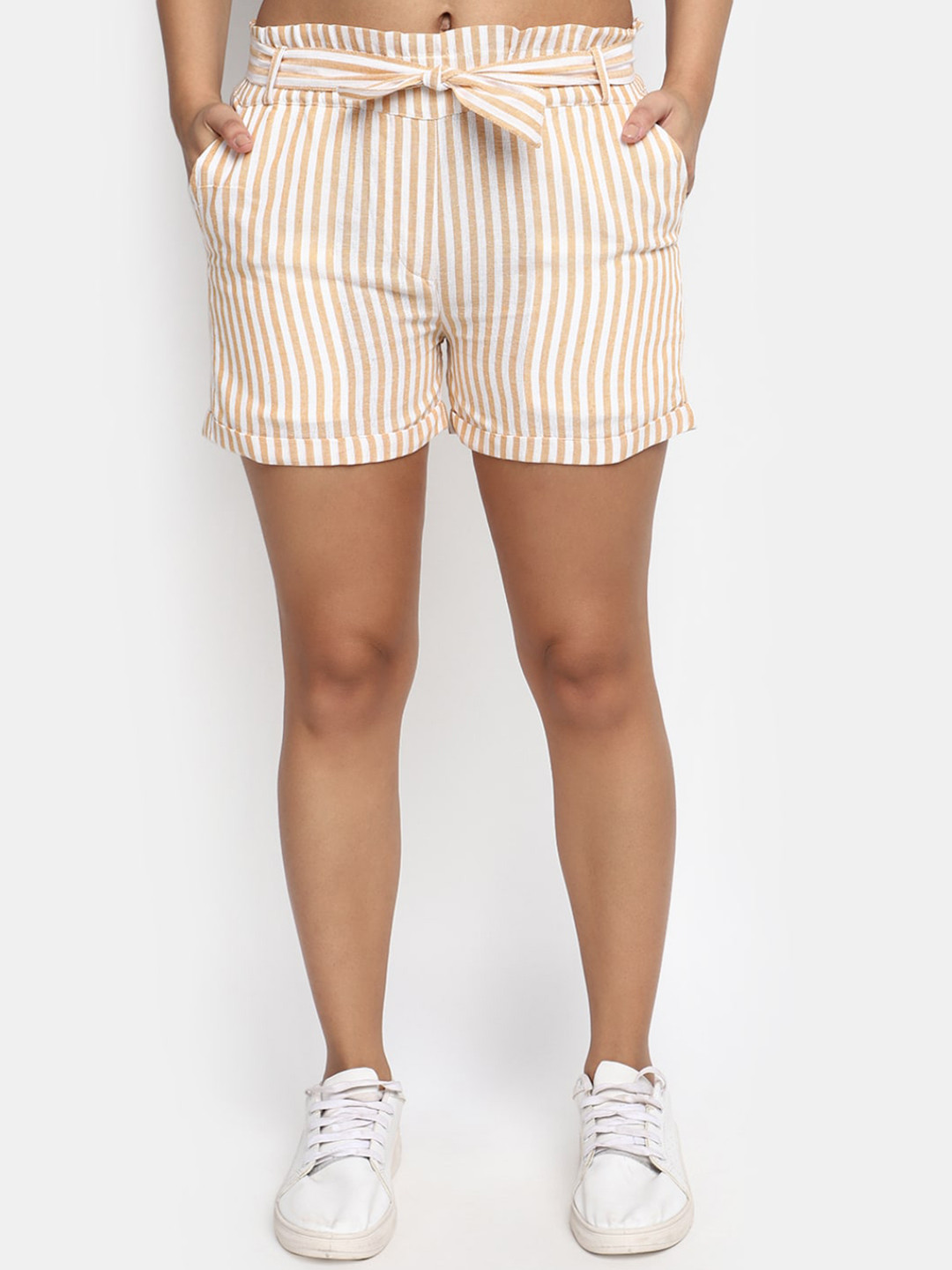 

V-Mart Women Mid-Rise Striped Cotton Shorts, Gold