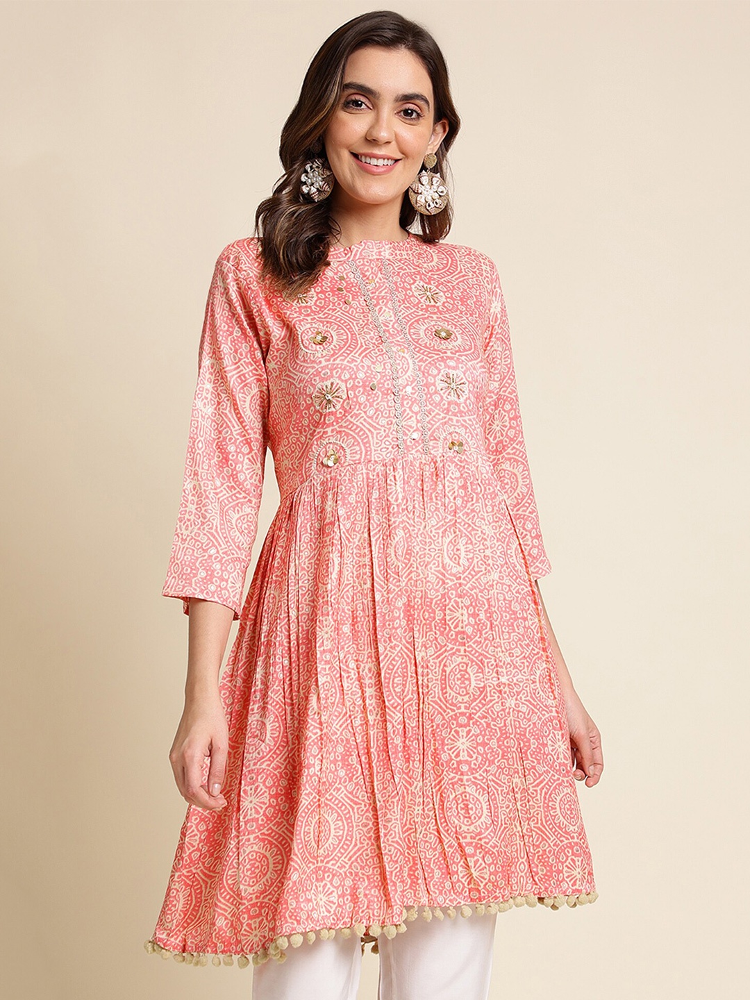 

Sangria Ethnic Motifs Printed Gotta Patti A-Line Kurta, Peach