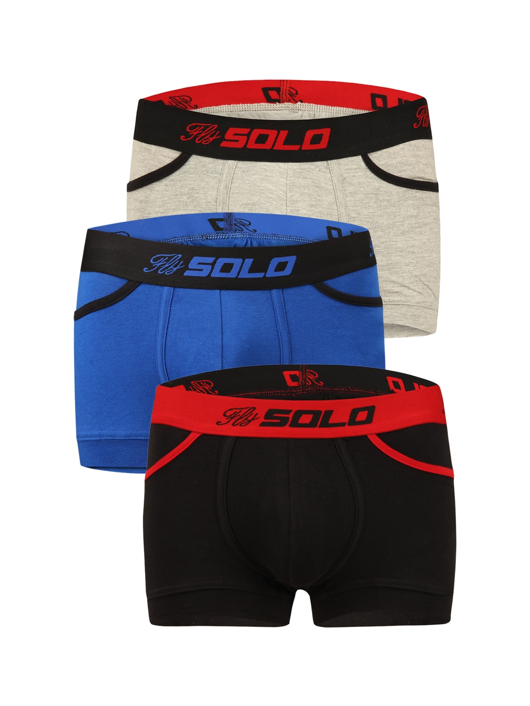 

SOLO Pack of 3 Printed Detail Trunks Grip-Pocket-3-RoyalBlue,Grey,Black-75, Blue