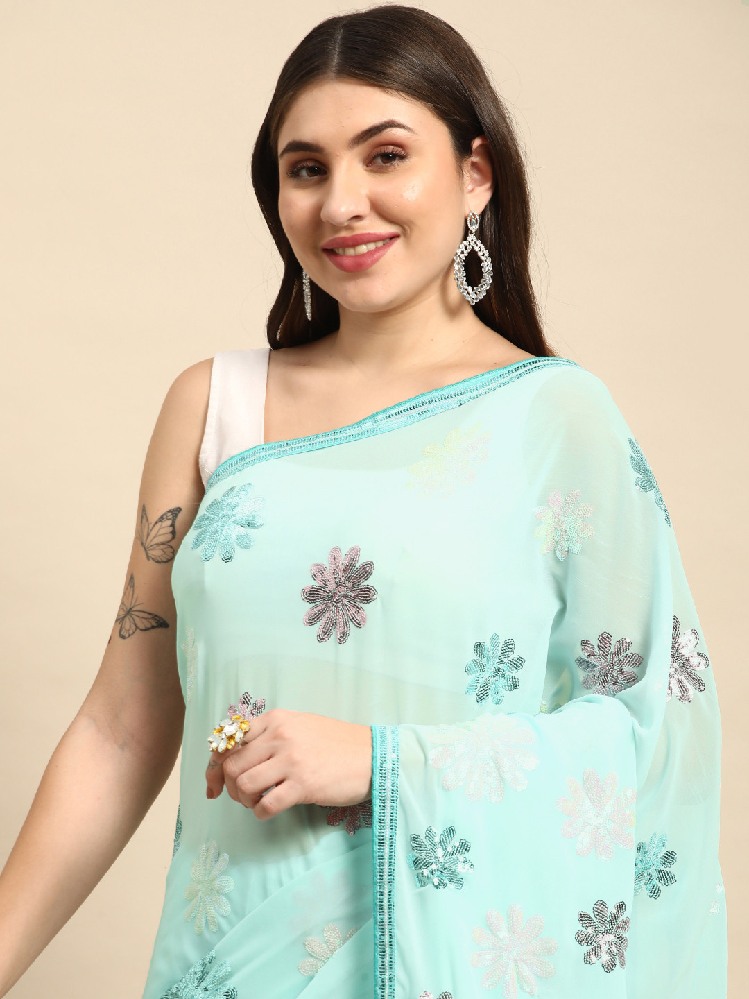 

VASTRANAND Floral Sequinned Poly Georgette Saree, Turquoise blue