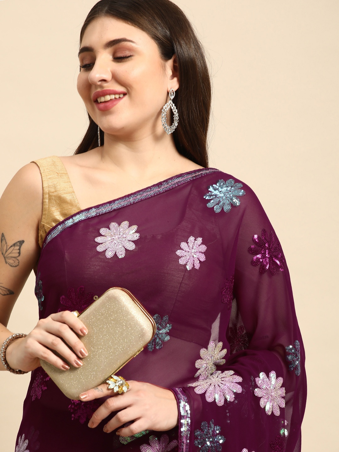 

VASTRANAND Floral Sequinned Poly Georgette Saree, Burgundy