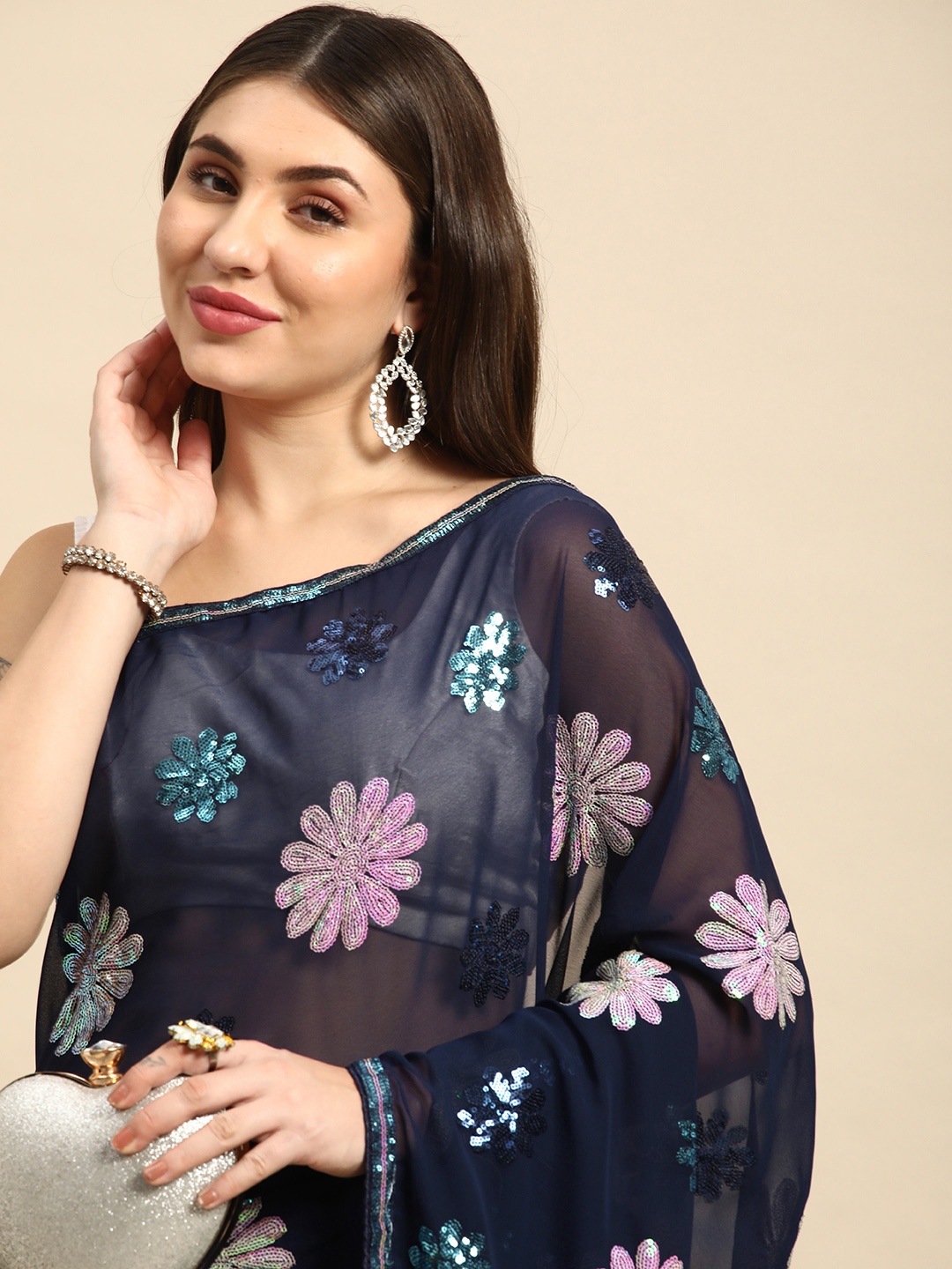 

VASTRANAND Floral Sequinned Poly Georgette Saree, Navy blue