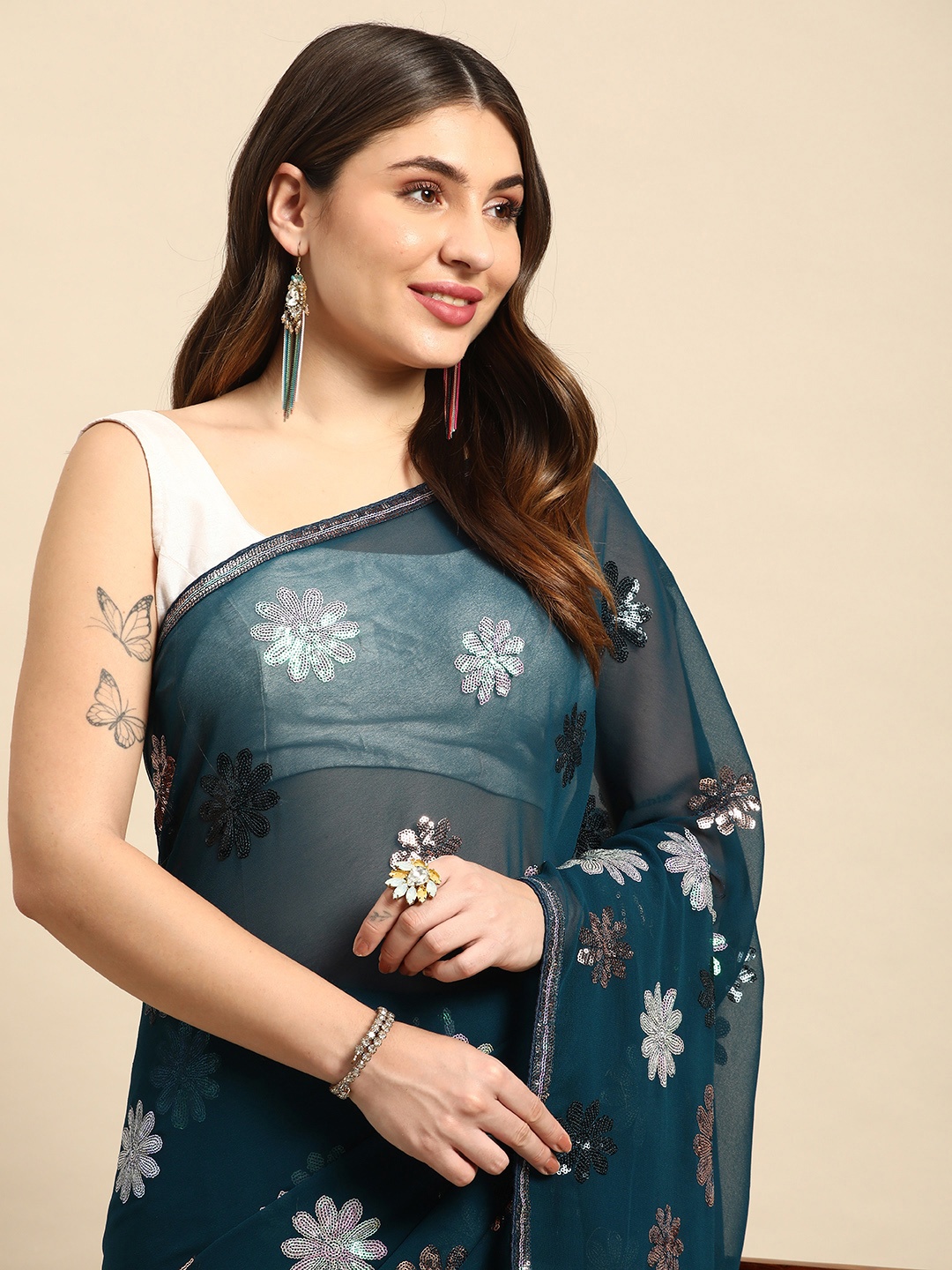 

VASTRANAND Floral Sequinned Poly Georgette Saree, Teal