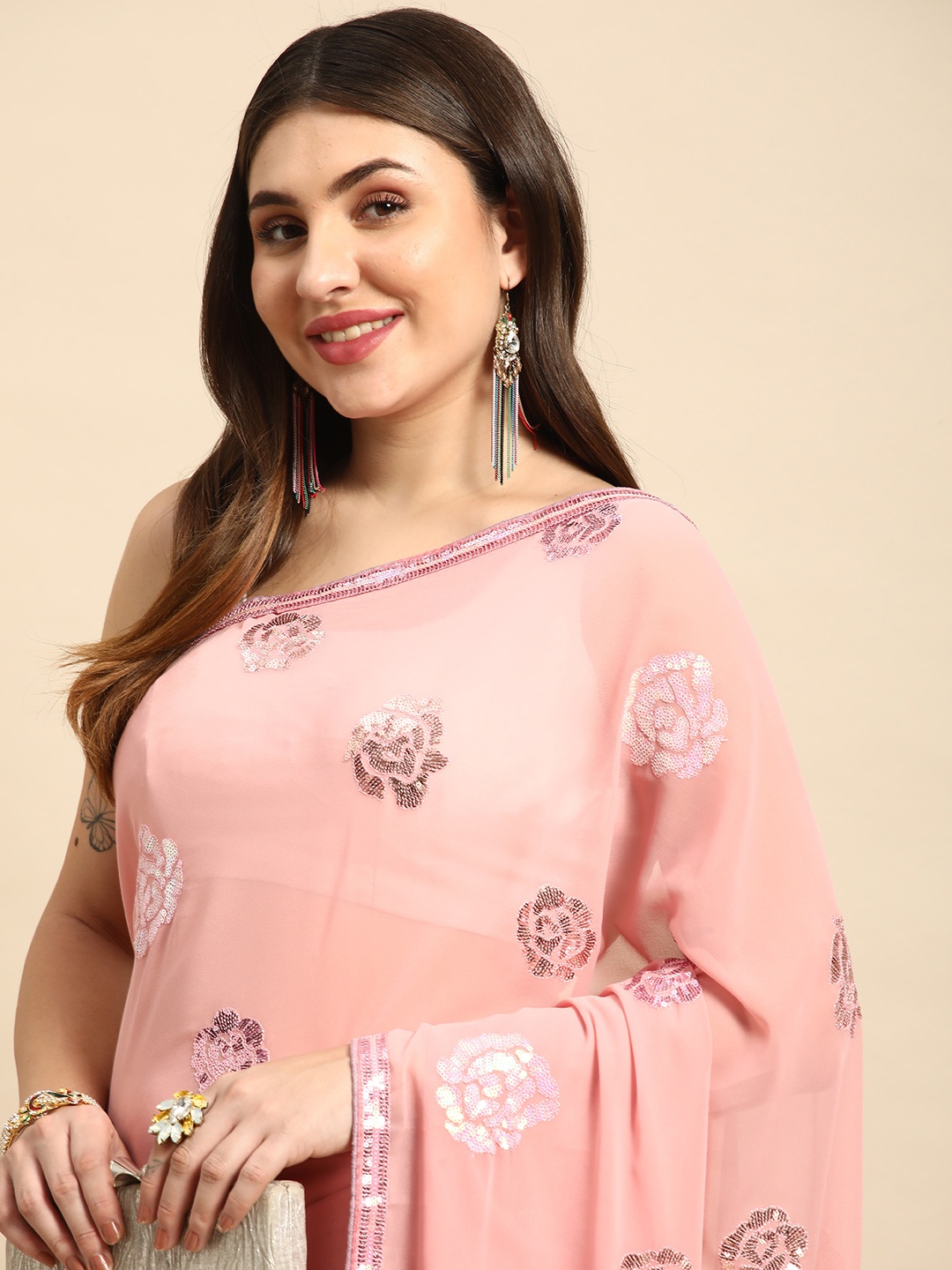 

VASTRANAND Floral Sequinned Poly Georgette Saree, Pink