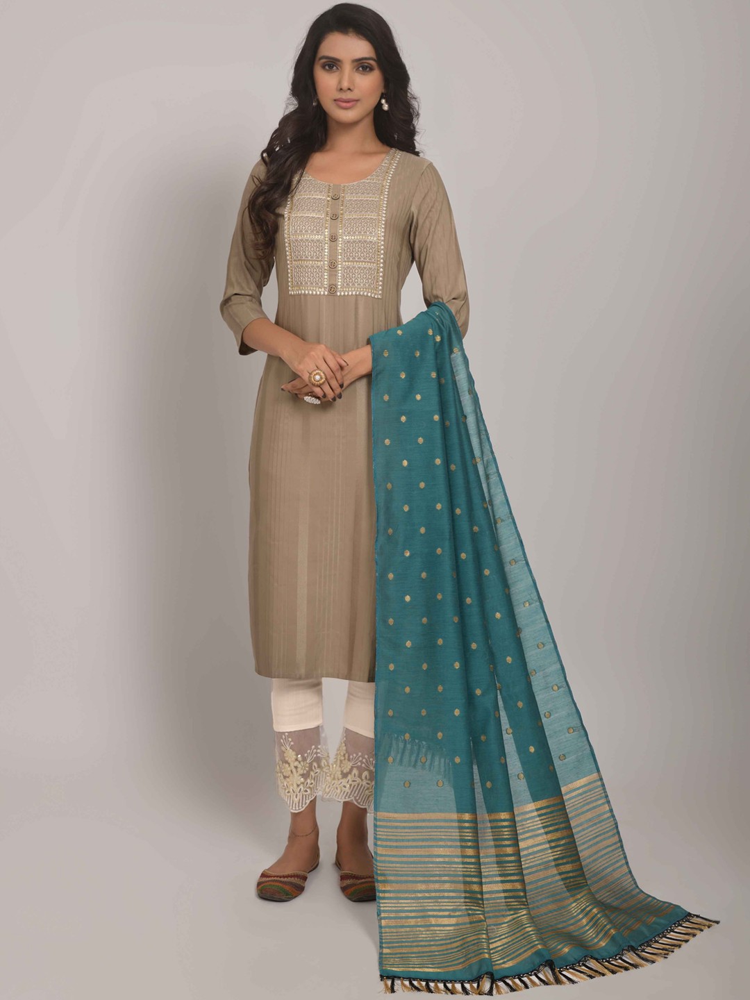

Happy Design Ethnic Motifs Embroidered Sequined Kurta with Trousers & Dupatta, Taupe